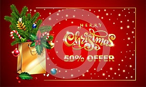 Gold Vector lettering text Merry Christmas 3d Shopping bag fir branches, xmas red card. Christmas Sale offer advertising