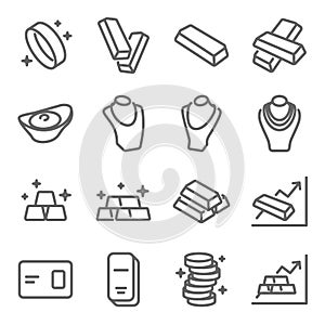 Gold Vector Line Icons. Contains such Icons as Coins, Necklace, Investment and more. Editable Stroke.