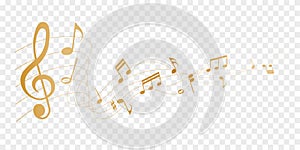 Gold vector sheet music - musical notes melody on transparent background