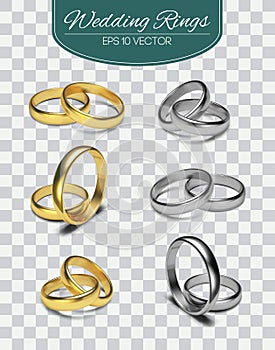 Gold vector wedding rings isolated on trasparent background. Vector illustration. Marriage invitation elements.