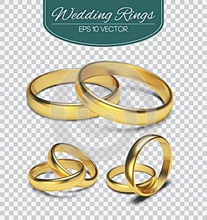 Gold vector wedding rings on trasparent background. Vector illustration. Marriage invitation elements.