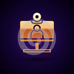 Gold Video chat conference icon isolated on black background. Computer with video chat interface active session on