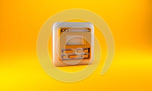 Gold Video recorder or editor software on laptop icon isolated on yellow background. Video editing on a laptop. Silver