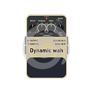 Gold vintage dynamic wah sound electric guitar stomp box effect with black knob knob and gold plate , graphic icon.