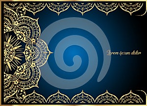 Gold vintage greeting card on blue background. Luxury ornament template. Great for invitation, flyer, menu, brochure