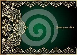 Gold vintage greeting card on green background. Luxury ornament template. Great for invitation, flyer, menu, brochure