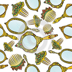 Gold vintage Hand Mirror and Hair Combs seamless pattern.