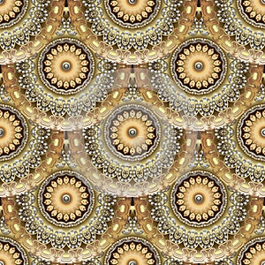 Gold vintage mandalas seamless pattern. Ornamental vector beautiful background. Decorative backdrop. Colorful floral tiled