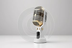 Gold vintage microphone 3D render style over white background.