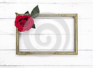 Gold vintage wooden frame and a red rose