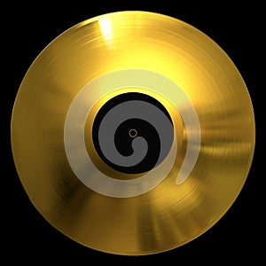 Gold Vinyl Disc Record with Black Label Blank Isolated on Black Background.