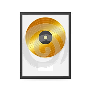 Gold vinyl in frame on wall. Collection disc, template design element. Vector illustration.