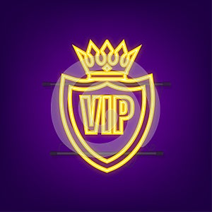 Gold Vip label neon sign on black background. Vector stock illustration.