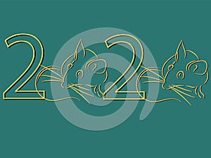 Gold 2020 vision with rat icons. Lineart design mouse, mice, rat icons. 2020 new year. Banner Logo gold 2020 happy new year,