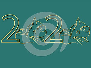 Gold 2020 vision with rat icons. Lineart design mouse, mice, rat icons. 2020 new year. Banner Logo gold 2020 happy new