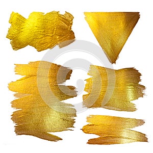 Gold Watercolor Texture Paint Stain Abstract Illustration. Shining Brush Stroke Set for you Amazing Design Project.