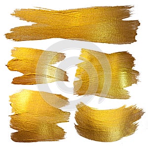 Gold Watercolor Texture Paint Stain Abstract Illustration. Shining Brush Stroke Set for you Amazing Design Project.