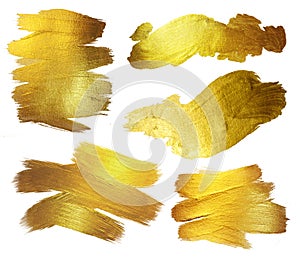 Gold Watercolor Texture Paint Stain Abstract Illustration. Shining Brush Stroke Set for you Amazing Design Project.