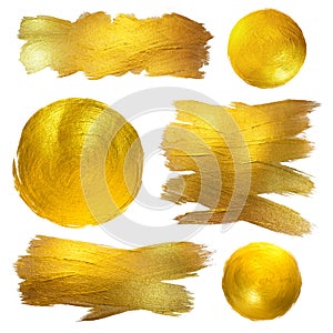 Gold Watercolor Texture Paint Stain Abstract Illustration. Shining Brush Stroke Set for you Amazing Design Project.