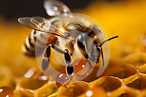 gold wax honey macro bee nature closeup yellow insect pollen background. Generative AI.