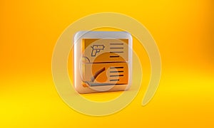 Gold Weapon catalog icon isolated on yellow background. Police or military handgun. Small firearm. Silver square button