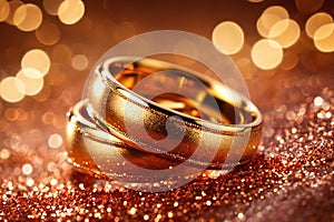 Gold wedding engagement rings bands, showing romance, love, and commitment