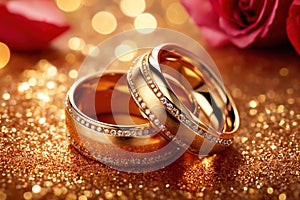 Gold wedding engagement rings bands, showing romance, love, and commitment