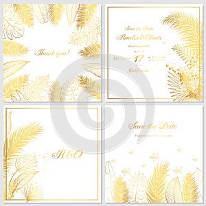 Gold wedding invitation with tropical leaves.  Luxury wedding invitation cards with gold marble texture and geometric pattern