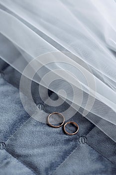 Gold Wedding Rings on Blue Quilted Fabric