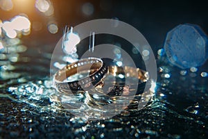 Gold wedding rings of bride and groom in shiny water spray, bright background, selective focus. Wedding accessories and jewelry