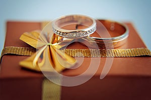 Gold wedding rings, close-up. Rings bride and groom, macro photo. Wedding attributes and decorations