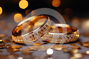 Gold wedding rings on glittering background - elegant and sparkling, perfect for your special day