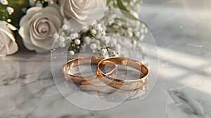 The wedding rings and flowers.AI generated image