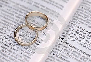 Gold wedding rings on a page showing love