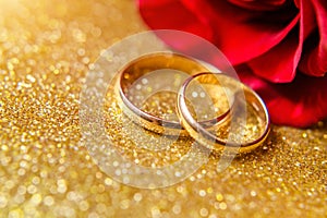 Gold wedding rings and Red roses