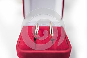 Gold wedding rings in red velvet box