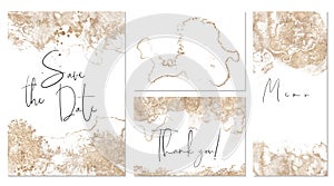 Gold wedding set with hand drawn watercolor background. Includes Invintation, menu, information and thank you cards templates