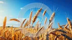 Gold wheat field with blue sky in background. Agriculture and farming concept