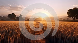 Gold Wheat flied panorama with tree at sunset, rural countryside. AI Generative