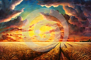 Gold Wheat flied panorama with tree at sunset, rural countryside. Neural network AI generated