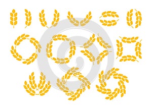 Gold wheat grain ear set, circle wreath frame. Icon whole bread grains, wheat, barley, rice, corn, oat ear. Spica
