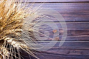 Gold wheat lying on a brown wooden surface