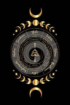 gold wheel of the Year is an annual cycle of seasonal festivals. Wiccan calendar and holidays. Compass Triquetra symbol