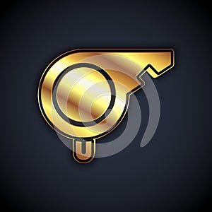Gold Whistle icon isolated on black background. Referee symbol. Fitness and sport sign. Vector