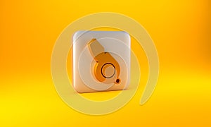 Gold Whistle icon isolated on yellow background. Referee symbol. Fitness and sport sign. Silver square button. 3D render