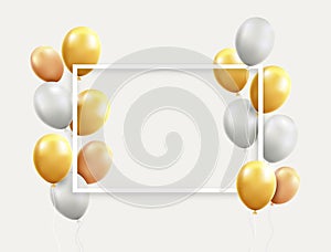 Gold and white balloons with frame vector illustrations