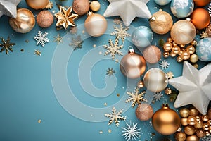 Gold and white baubles and stars on blue, blue background top view.Christmas bright background, banner with space for your own