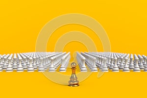 Gold and white chess pawn on yellow background, Business leadership, Teamwork power and confidence concept