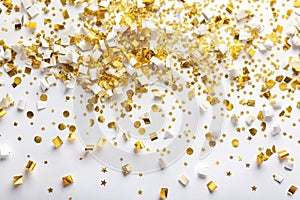 Gold and white confetti scattered on a white background. Festive confetti creates a celebratory atmosphere. Gold confetti adds photo