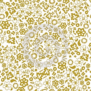 Gold on white hand drawn random flower and leaf seamless repeat pattern background